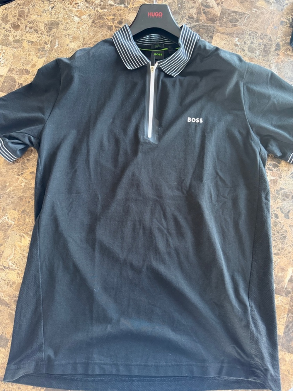 BOSS Black Short-Sleeve Zip Polo with Striped Collar